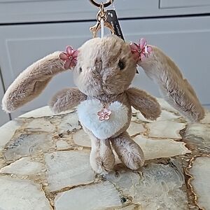 Aldo Bag Charm!!! Tan Plush Bunny Keychain with Pink Flowers